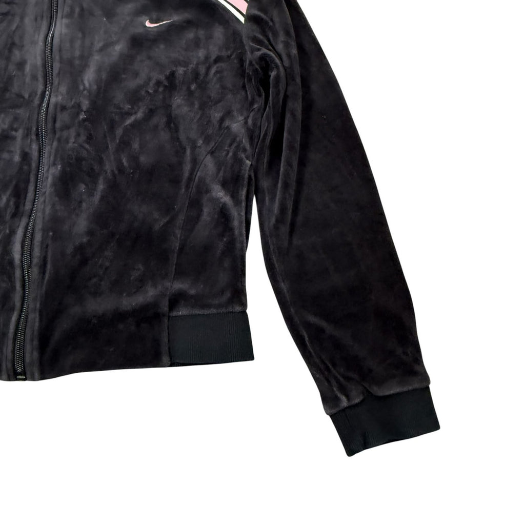 Nike Y2K Zip Up Hoodie Track Jacket Black Velour Pink Stripe Size 8-10