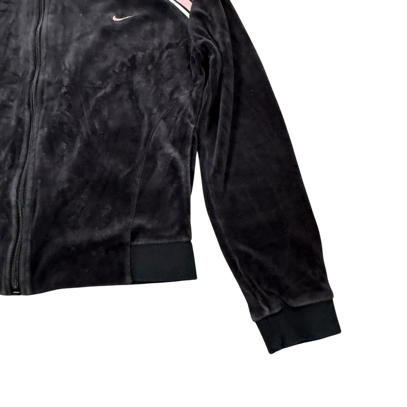 Nike Y2K Zip Up Hoodie Track Jacket Black Velour Pink Stripe Size 8-10
