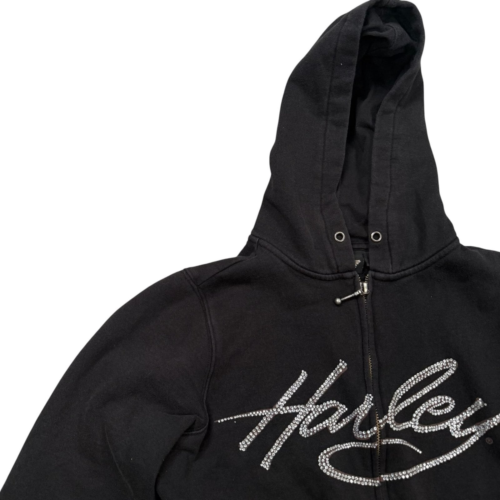 Harley-Davidson Y2K Hooded Jacket Zip Up Rhinestone Black Small