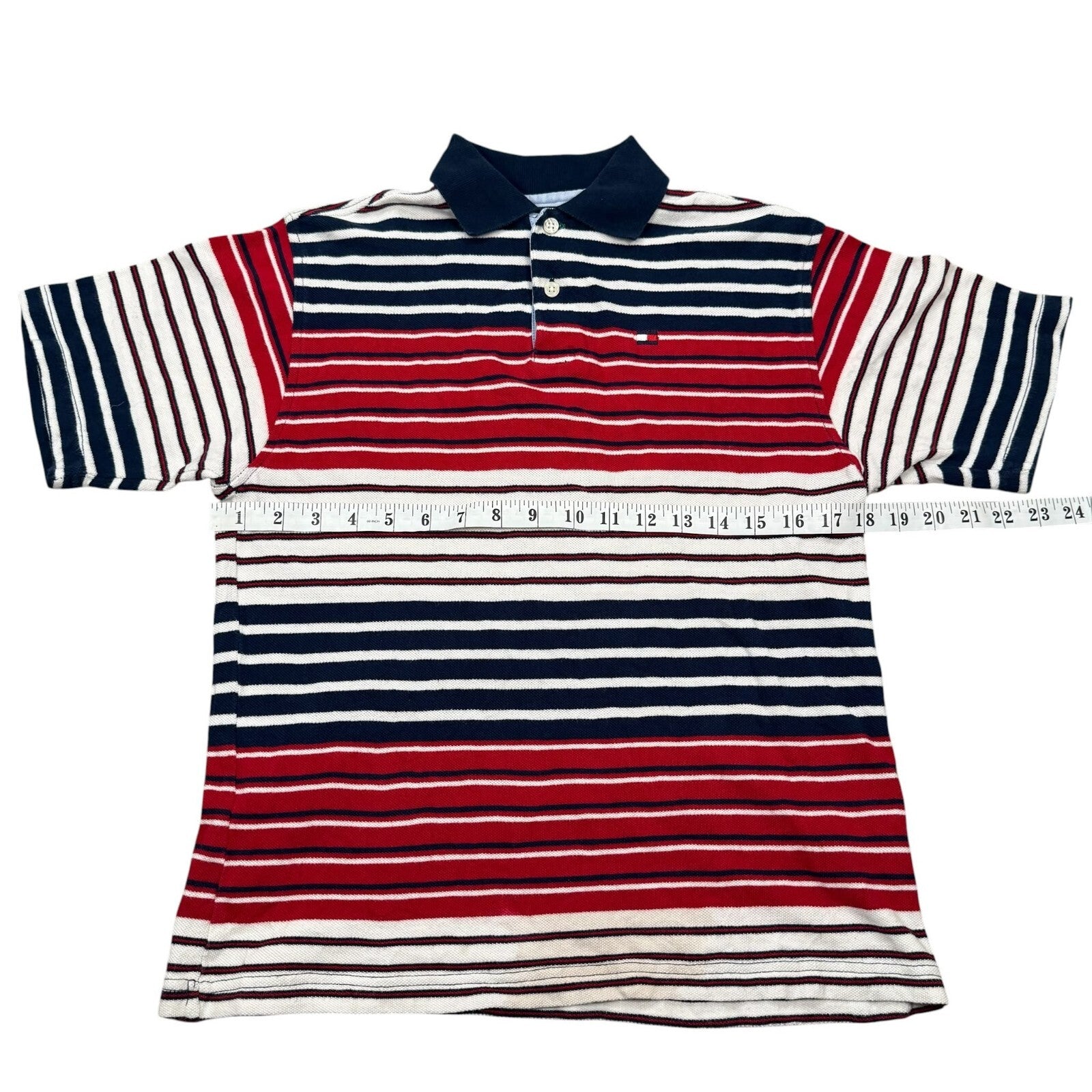 Tommy Hilfiger Vintage Y2K Polo Shirt Striped Red Navy White Medium