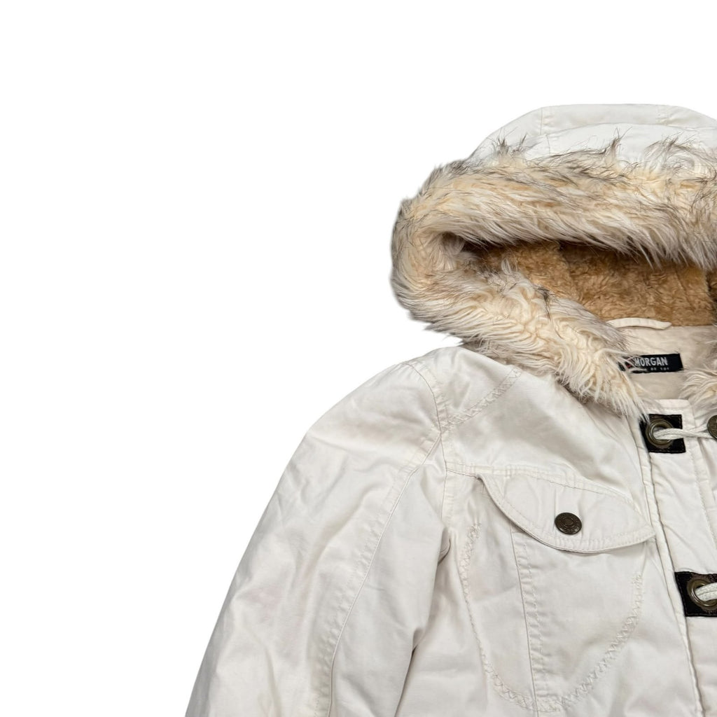 Morgan Vintage Y2K Hooded Jacket Ribbed Cream Faux Fur Small