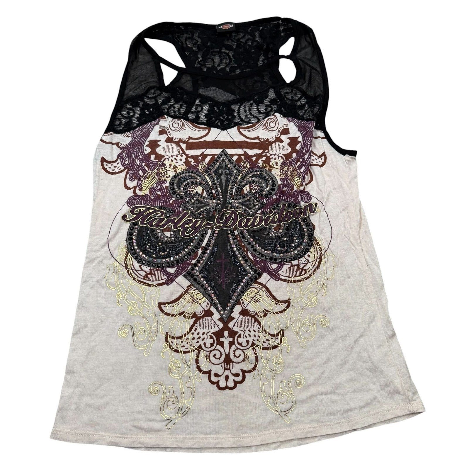 Harley-Davidson Y2K Tank Top Lace Rhinestone Cream Black Graphic Large