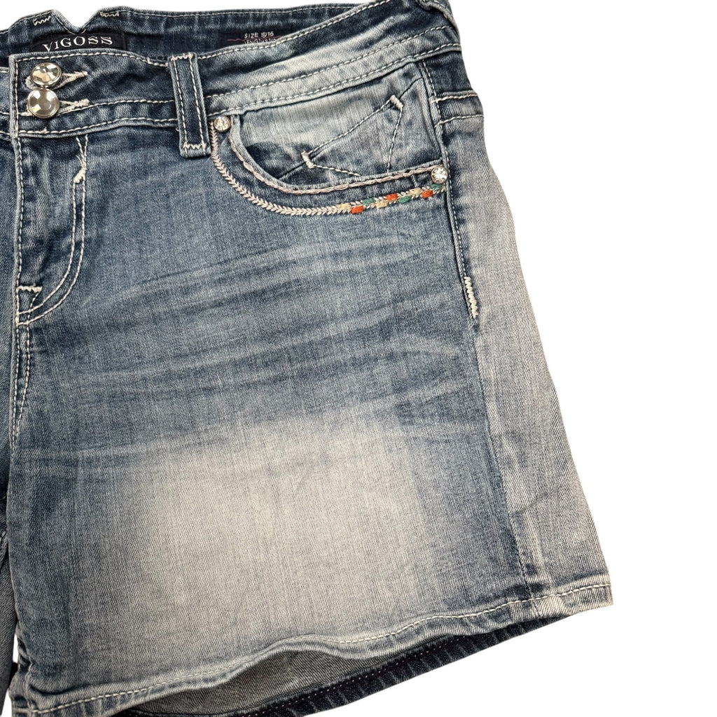 Vigoss Denim Shorts Blue Womens Size 16 Y2K Embellished Bling Pocket Hot Pants