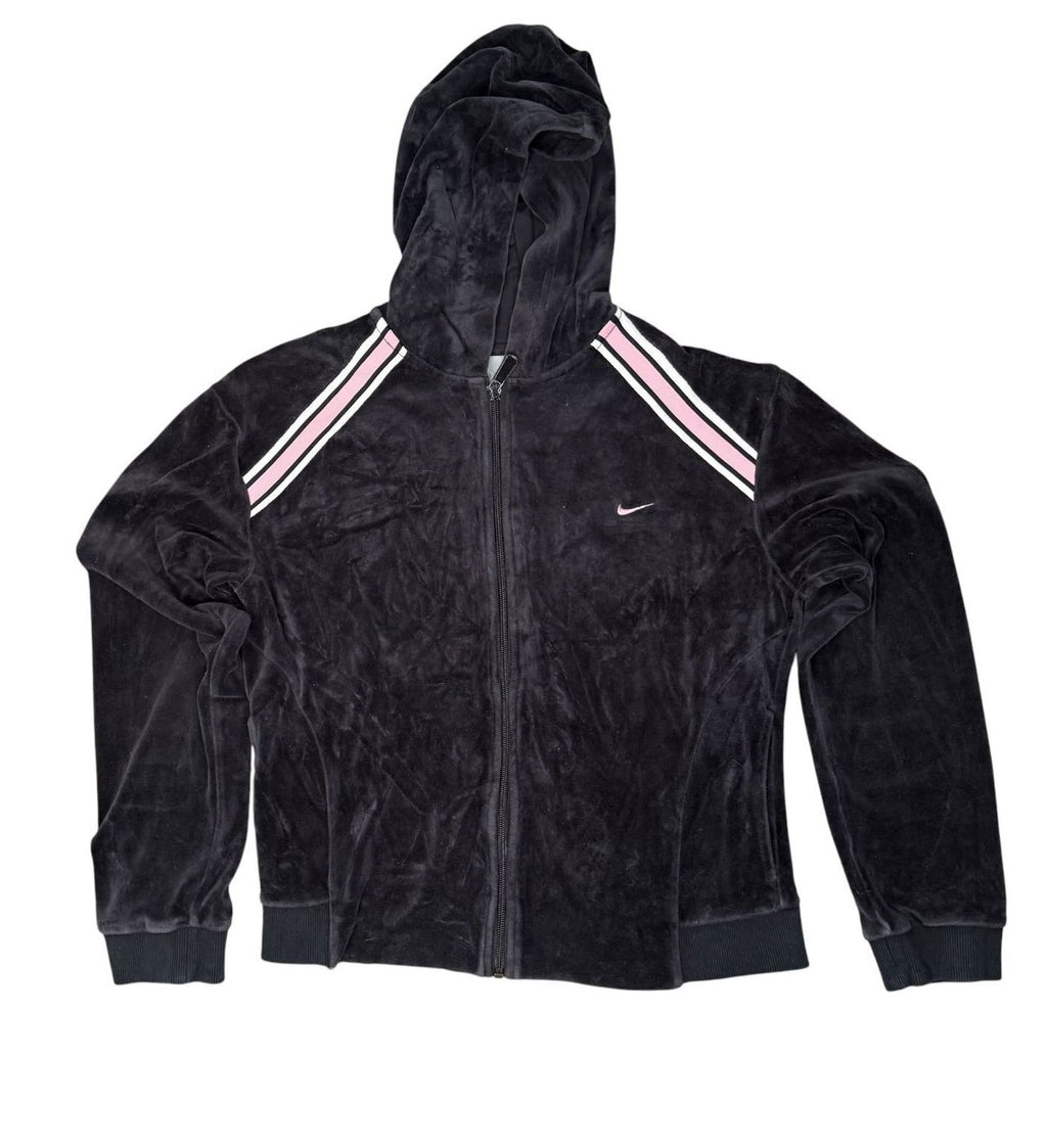 Nike Y2K Zip Up Hoodie Track Jacket Black Velour Pink Stripe Size 8-10