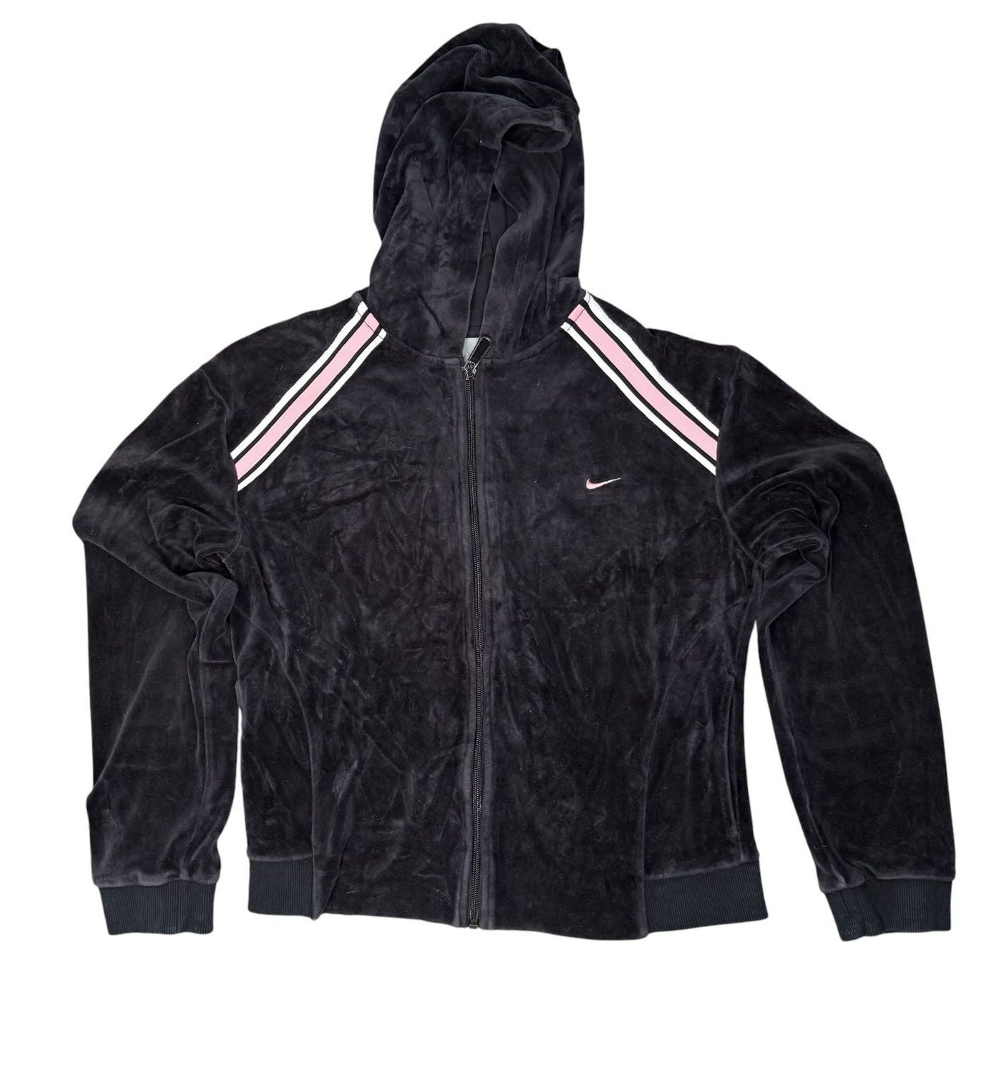Nike Y2K Zip Up Hoodie Track Jacket Black Velour Pink Stripe Size 8-10